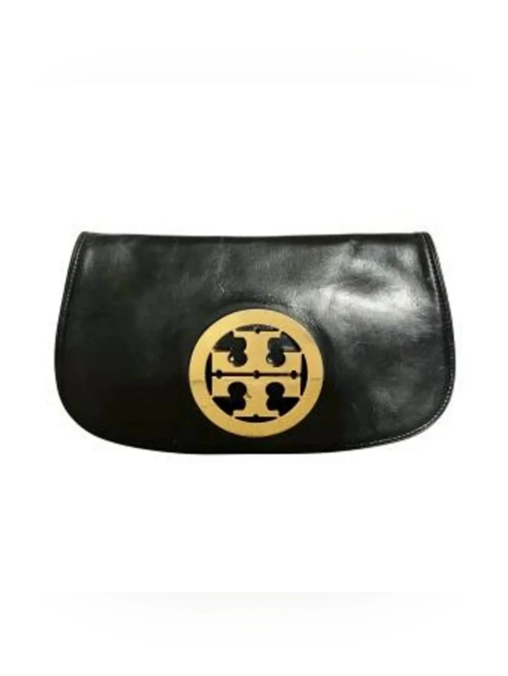 Tory Burch Reva Clutch Bag Black Pebbled Leather Gold Medallion Indie Sleaze